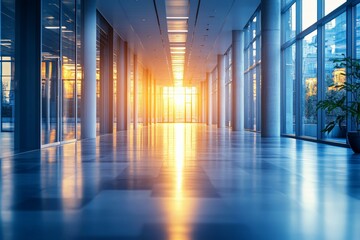 Poster - Sunset illuminating a modern hallway in an office building with expansive glass windows