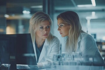 Poster - Two professionals examining data on a computer screen in a modern laboratory setting during evening hours