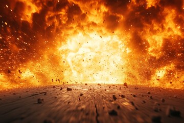 Poster - Massive explosion lights up the sky with fiery flames and debris scattering across the ground