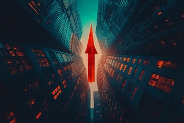 Aufkleber - Tall buildings frame a vibrant arrow pointing upward in a urban city landscape at sunset