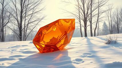 Wall Mural - Winter sunset in the mountains with a glass of whiskey on ice, reflecting light and crystal-clear liquid