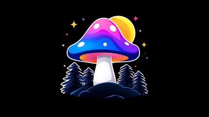 Canvas Print - Pixel Art Glowing Mushroom Night Scene