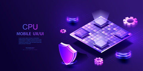 CPU isometric ai banner. Futuristic microchip processor background. Quantum computer database concept. Work Computer Server. CPU protection design. Chip architecture vector.