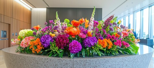 Sticker - Vibrant floral arrangement with colorful blooms in a modern office setting, showcasing a rich palette of flowers, perfect for seasonal decor