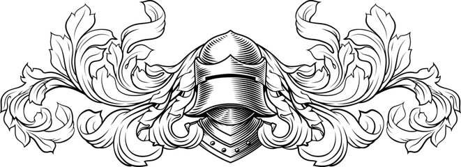 Wall Mural - Coat of arms crest knight family medieval shield heraldry heraldic armorial motif. Featuring a knights helm helmet in a vintage etching engraving woodcut style