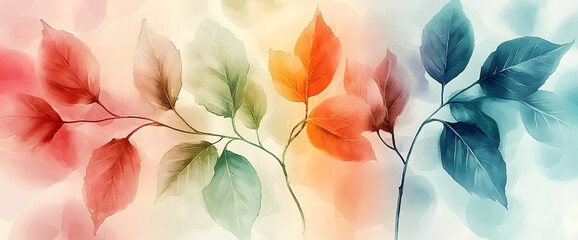 Wall Mural - Soft watercolor wash- leaves with four color theme