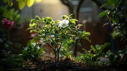Poster - Elegant light and shadow composition of a flowering plant nature garden photography soft focus artistic ambiance