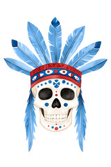 Wall Mural - Watercolor native American skull with Indian headdress artwork isolated on white background