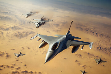 Wall Mural - A highly detailed photograph of a fighter jet flying in formation with other aircraft over the desert, with a high-angle view.
