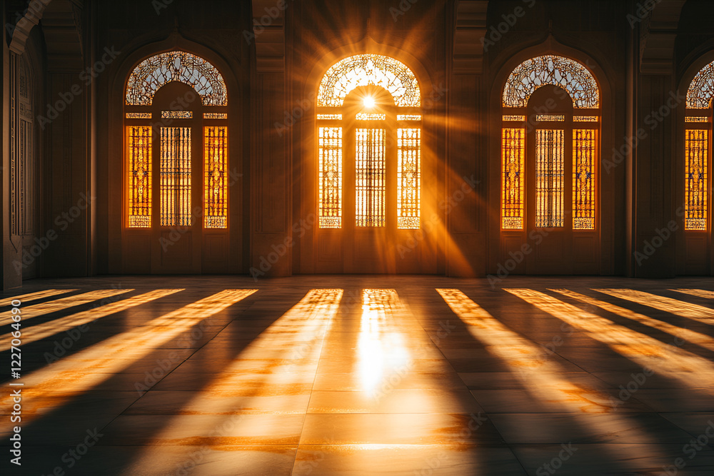 Sunlight streaming through ornate mosque windows creating golden ...