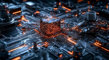 Fototapete - Futuristic dynamic holographic neural network visualization in a digital art lab technology concept close-up