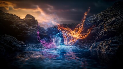 Aufkleber - Dynamic energy transformation in a serene coastal landscape visual art abstract concept vivid colors dramatic view