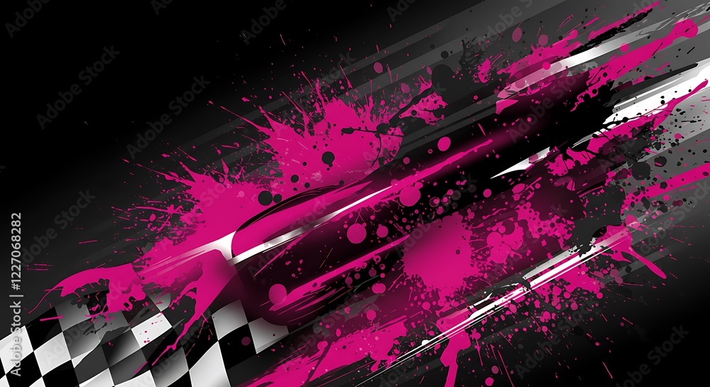 Abstract racing background with pink and black paint splatters and ...