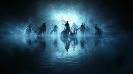 Aufkleber - Silhouetted figures mysteriously transforming ethereal lake digital art surreal environment wide angle view abstract concept