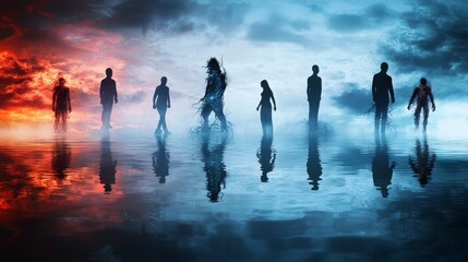 Aufkleber - Human silhouettes transitioning through various states beach digital art surreal environment wide view transformation concept