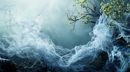 Poster - Ethereal soft landscape with transparent membranes nature art dreamlike atmosphere serene viewpoint conceptual vision
