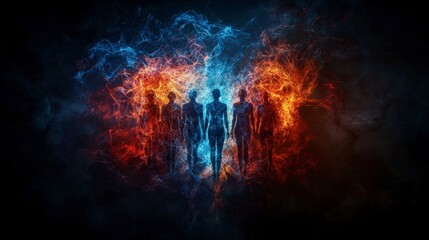 Aufkleber - Interconnected human silhouettes embracing unity ethereal setting digital artwork vibrant environment abstract perspective