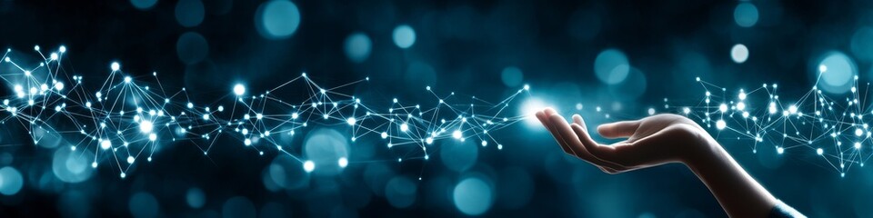 Hand Reaching for a Glowing Network, Symbolizing Technology, Innovation, and Connection.