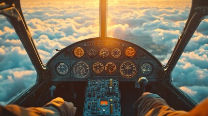 A pilot skillfully maneuvers a glider's cockpit high above the clouds as the sun sets, creating a breathtaking display of colors in the sky. Instruments and controls are within reach