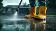 © muhammad - Worker power washing driveway, suburban home background, cleaning service