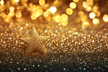 Wall Mural - gold sparkling lights festive background with texture. abstract christmas twinkled bright bokeh defo