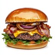 © Soulc - A deluxe bacon cheeseburger with caramelized onions, isolated white background, realism art style