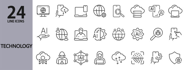 Fototapete - Technology line icons set with Smartphone, AI, Internet, Cyberspace, Cloud, Network, Protection, Communication, User, Notebook and more. Editable Stroke
