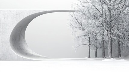 Winter landscape, abstract concrete archway, snowy trees, minimalist design, website banner