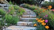 © SY - Stone steps ascend through vibrant wildflowers. Ideal for nature, garden, and landscaping concepts.