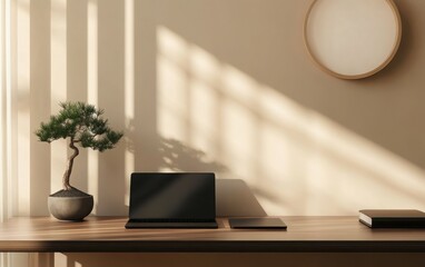 Wall Mural - A minimalist executive office with a dark wooden desk featuring a closed laptop, a black leather notebook, and a small bonsai tree. 