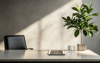 Wall Mural - A minimalist executive workspace showcasing a sleek marble-top desk with a black leather chair, a tablet leaning against a crystal glass of water, and a small potted plant. 