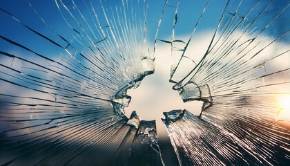 Close-up of shattered glass , crack mirrors and reflections the blue sky with blur; background graphic resource