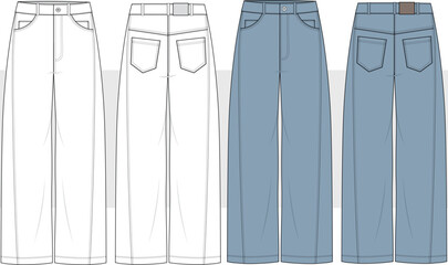 unisex baggy jeans, boyfriend jeans, mom-fit jeans, denim pants front and back view. fashion flat sk