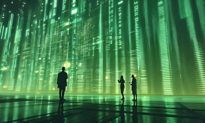 Fototapete - Silhouetted team analyzes digital data wall at night