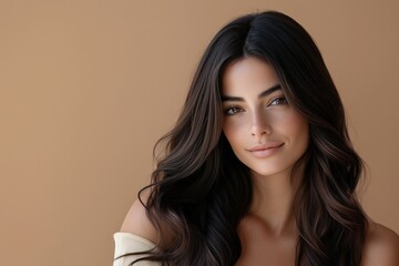 Wall Mural - A young woman with long, wavy hair smiling softly against a warm beige background.