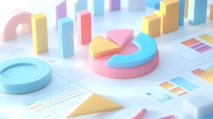 Poster - Vibrant pastel colored 3D pie charts and bar graphs arranged in a dynamic and modern data visualization composition