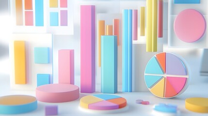 Fototapete - Sleek and contemporary futuristic 3D data visualization with floating pastel hued bar graphs pie charts