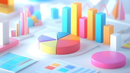 Poster - Elegant and minimalist abstract representation of statistical data featuring vibrant 3D pie charts and bar graphs in soft pastel shades