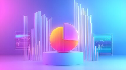 Aufkleber - Meticulously detailed 3D pie chart surrounded by floating financial market trends and professional graphs illuminated by soft ambient lighting in an advanced data visualization concept