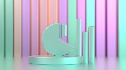 Fototapete - A conceptual 3D data analysis design showcasing a pie chart with smooth edges and reflections placed in a modern financial setting with detailed business metrics and performance graphs
