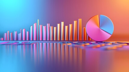 Fototapete - Conceptual 3D data analysis design showcasing a pie chart with smooth edges and reflections placed in a modern financial setting with detailed business metrics and performance graphs