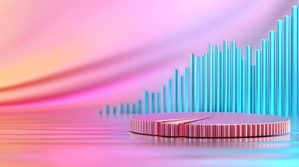 Fototapete - A conceptual 3D data analysis design showcasing a pie chart with smooth edges and reflections placed in a modern financial setting with detailed business metrics and performance graphs
