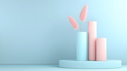 Leinwandbilder - Minimalistic 3D bar graph with smooth cylinder elements and simple geometric shapes arranged on a clean blue background with soft shadows for a modern and elegant data visualization design