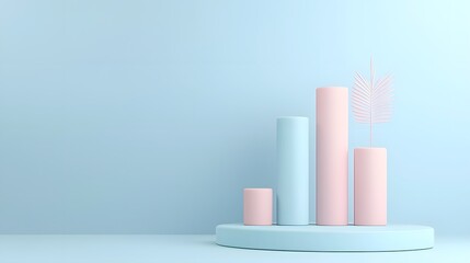 Poster - Abstract 3D bar chart design with cylindrical shapes arranged in a minimal and geometric style showcasing a simple and clean data visualization on a monochromatic blue backdrop