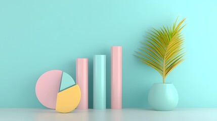 Poster - Visually engaging 3D composition of soft pastel tone data charts including bar graphs and pie diagrams arranged harmoniously on a clean office desk with delicate shadows and a minimalistic atmosphere