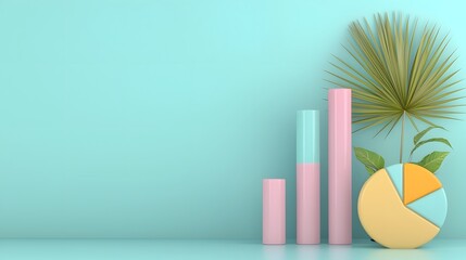 Meticulously crafted 3D infographic display featuring floating pastel bar graphs smooth pie charts and elegant line plots set against a stylish office desk backdrop with a modern aesthetic