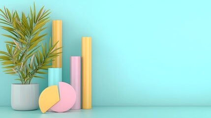 Poster - Captivating 3D infographic arrangement showcasing pastel shaded bar graphs pie charts and business analytics elements set in a well organized modern office desk environment with soft