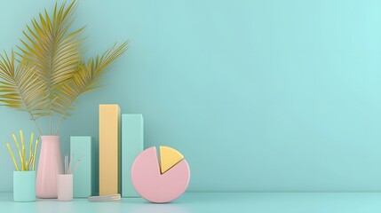 Fototapete - Visually striking 3D infographic composition featuring pastel toned bar graphs pie charts and other business analytics elements artfully arranged on a modern office desk environment with soft