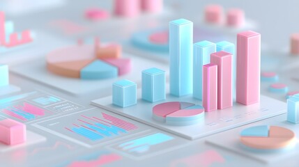 Fototapete - Sleek and vibrant 3D financial analysis concept featuring floating bar graphs data driven pie charts and abstract geometric shapes representing market insights
