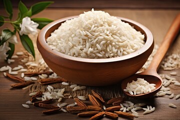 Jasmine rice in wooden bowl and spoon with grain and seed